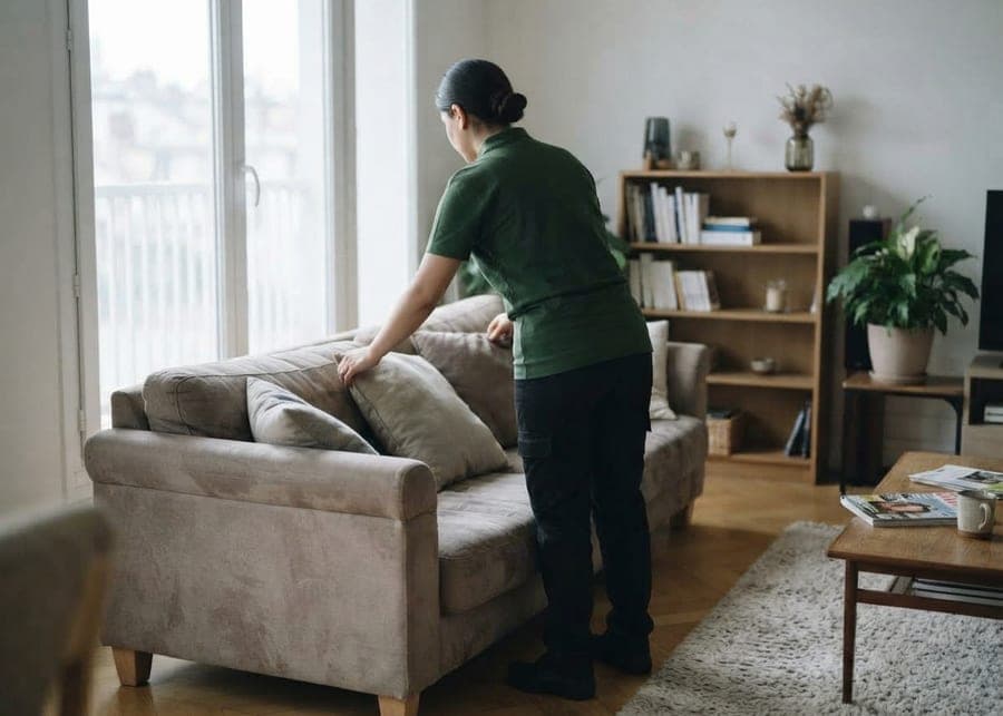 Intervenante ajustant les coussins d'un canapé dans un séjour habité, bibliothèque et plante en fond